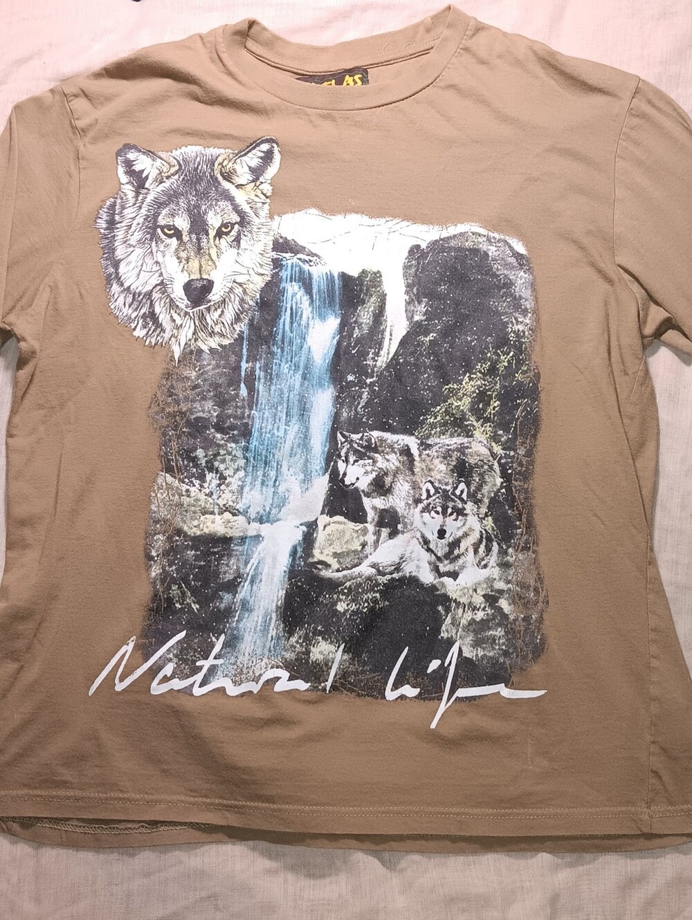 ATLAS For Men, Graphic LWolf Graphic Tee in Tan with Blue Waterfall